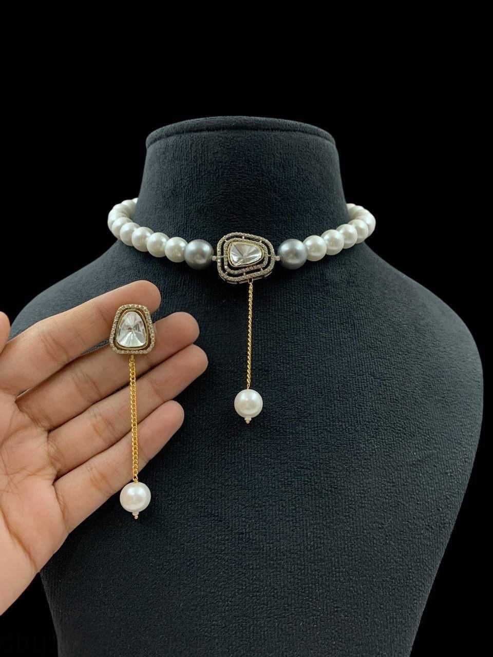 Pearl zirconia Fine choker dainty Necklace Set/ Indian Pakistani Wedding bridesmaid delicate Set/Premium quality pearls and CZ stone jewelry