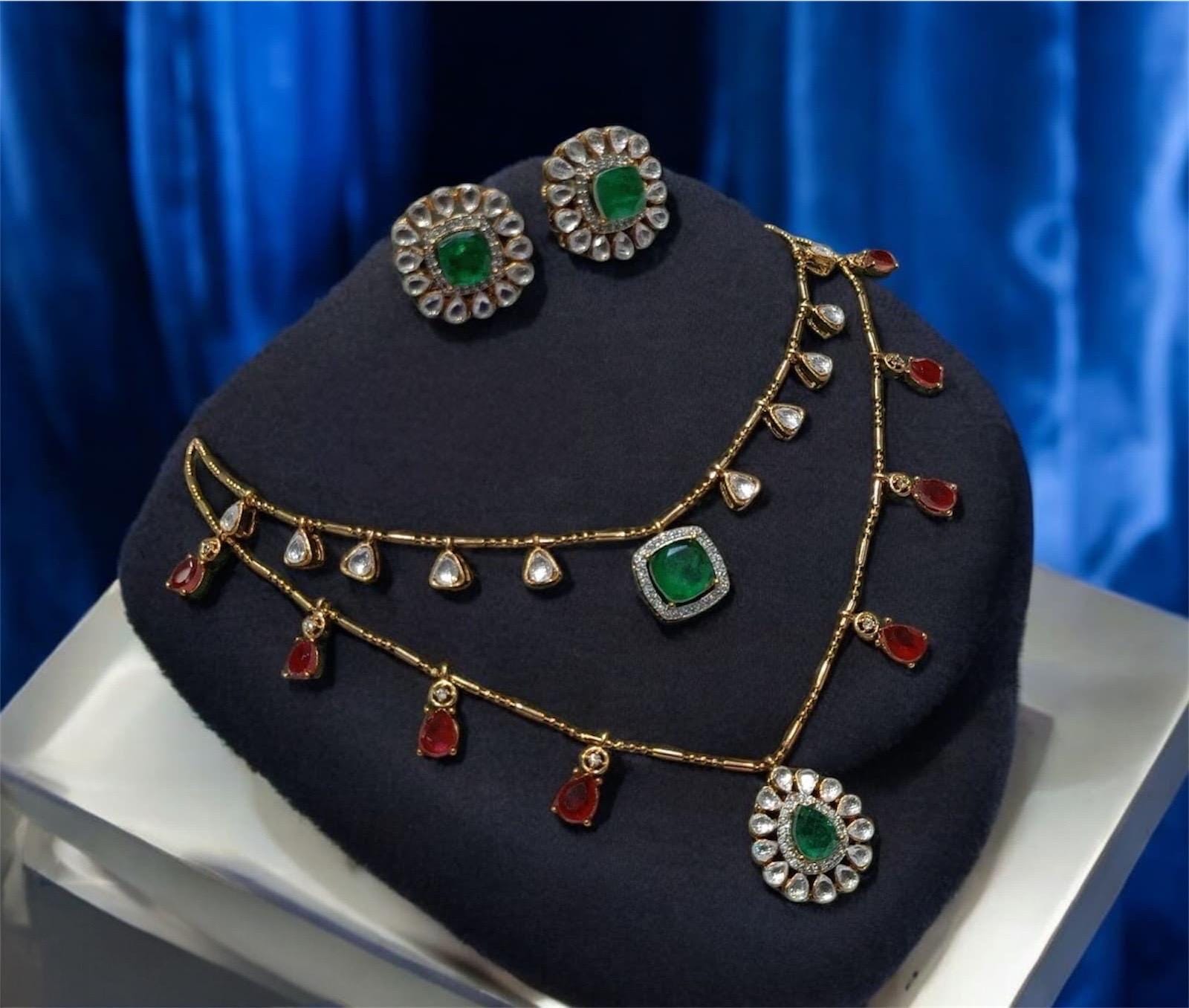 Sabyasachi inspired Gold plated mossanite doublet dual chain dainty layer necklace chain with earrings/Indian Pakistani wedding fusion set