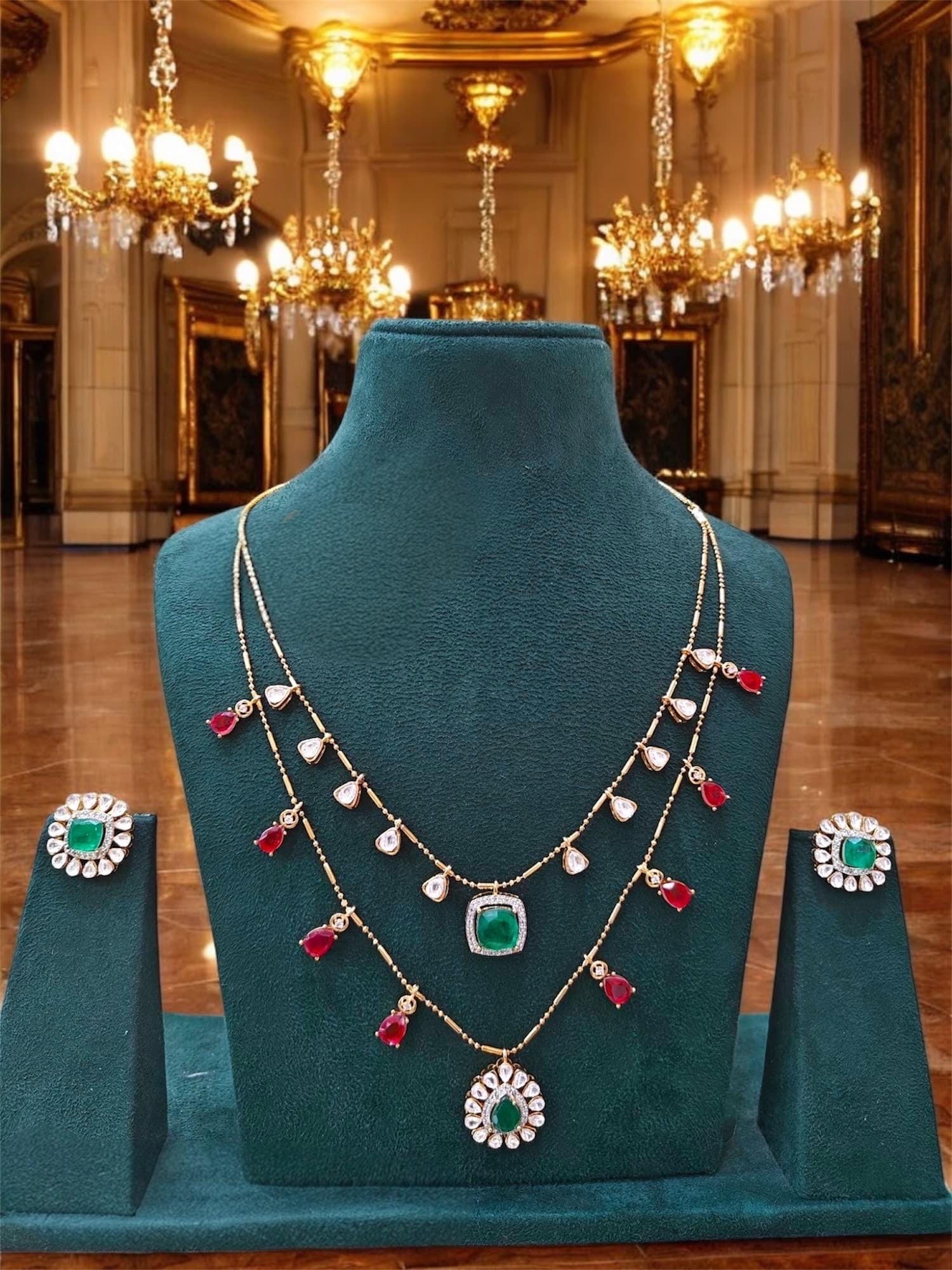 Sabyasachi inspired Gold plated mossanite doublet dual chain dainty layer necklace chain with earrings/Indian Pakistani wedding fusion set