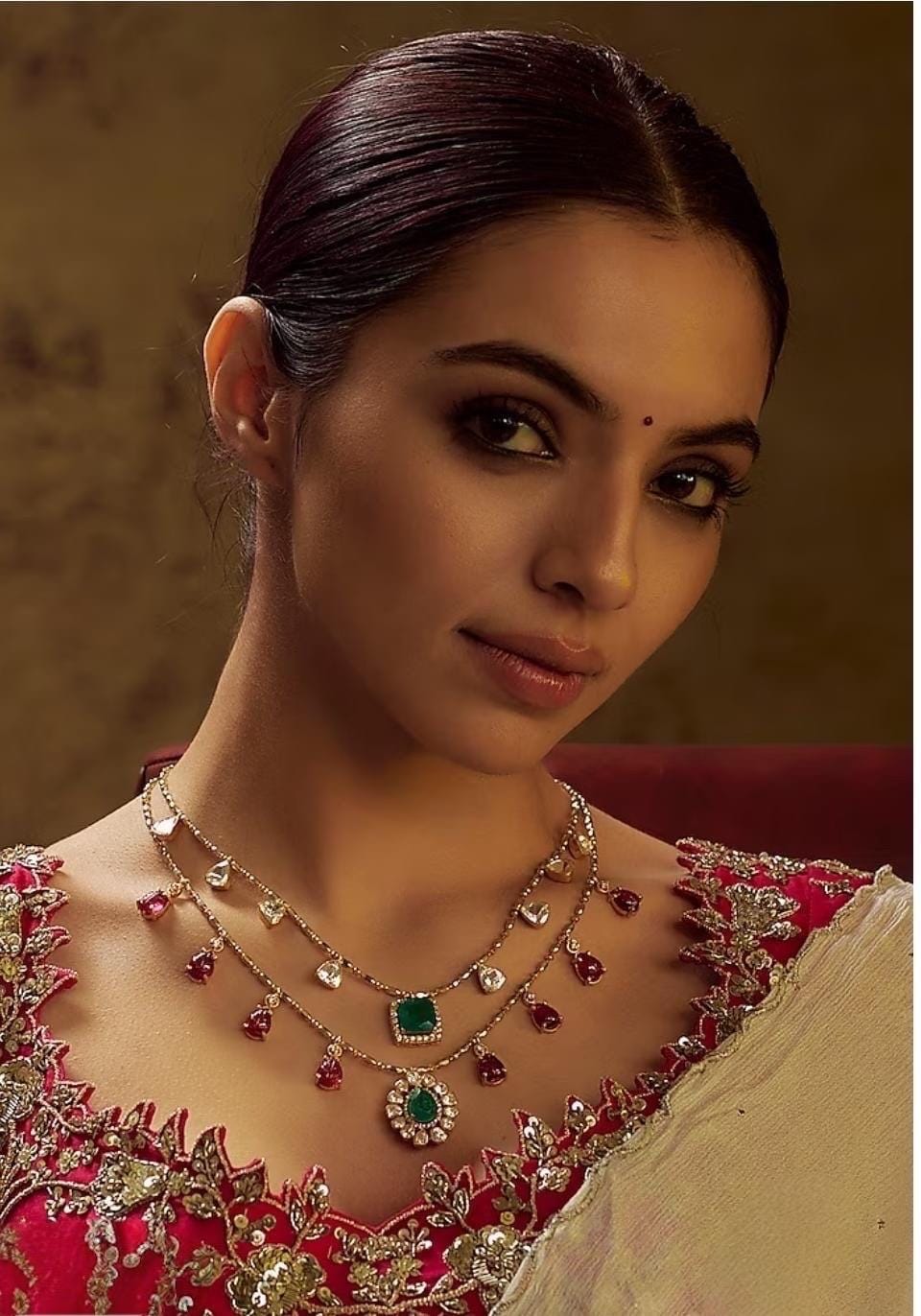 Sabyasachi inspired Gold plated mossanite doublet dual chain dainty layer necklace chain with earrings/Indian Pakistani wedding fusion set