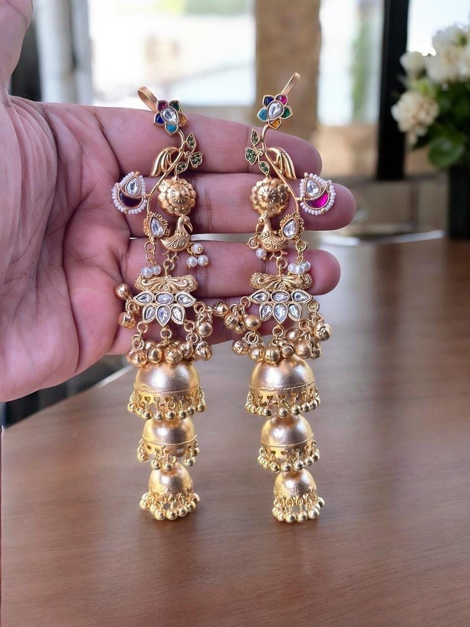 Peacock kaanphool/earcuffs/gold plated fusion earrings/jhumka earrings/Ghungroo celebrity Bollywood Indian Pakistani bridal wedding earrings