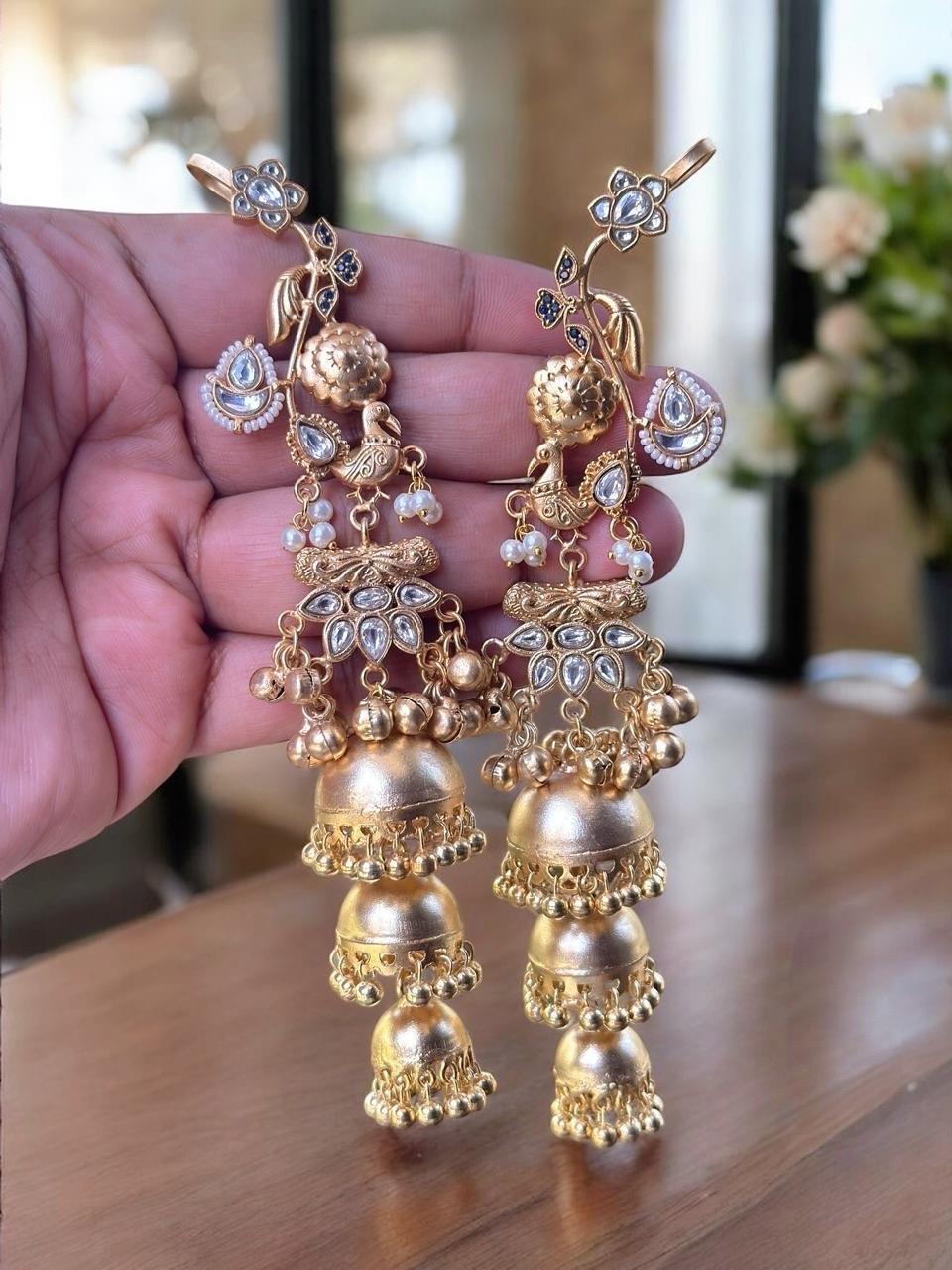 Peacock kaanphool/earcuffs/gold plated fusion earrings/jhumka earrings/Ghungroo celebrity Bollywood Indian Pakistani bridal wedding earrings