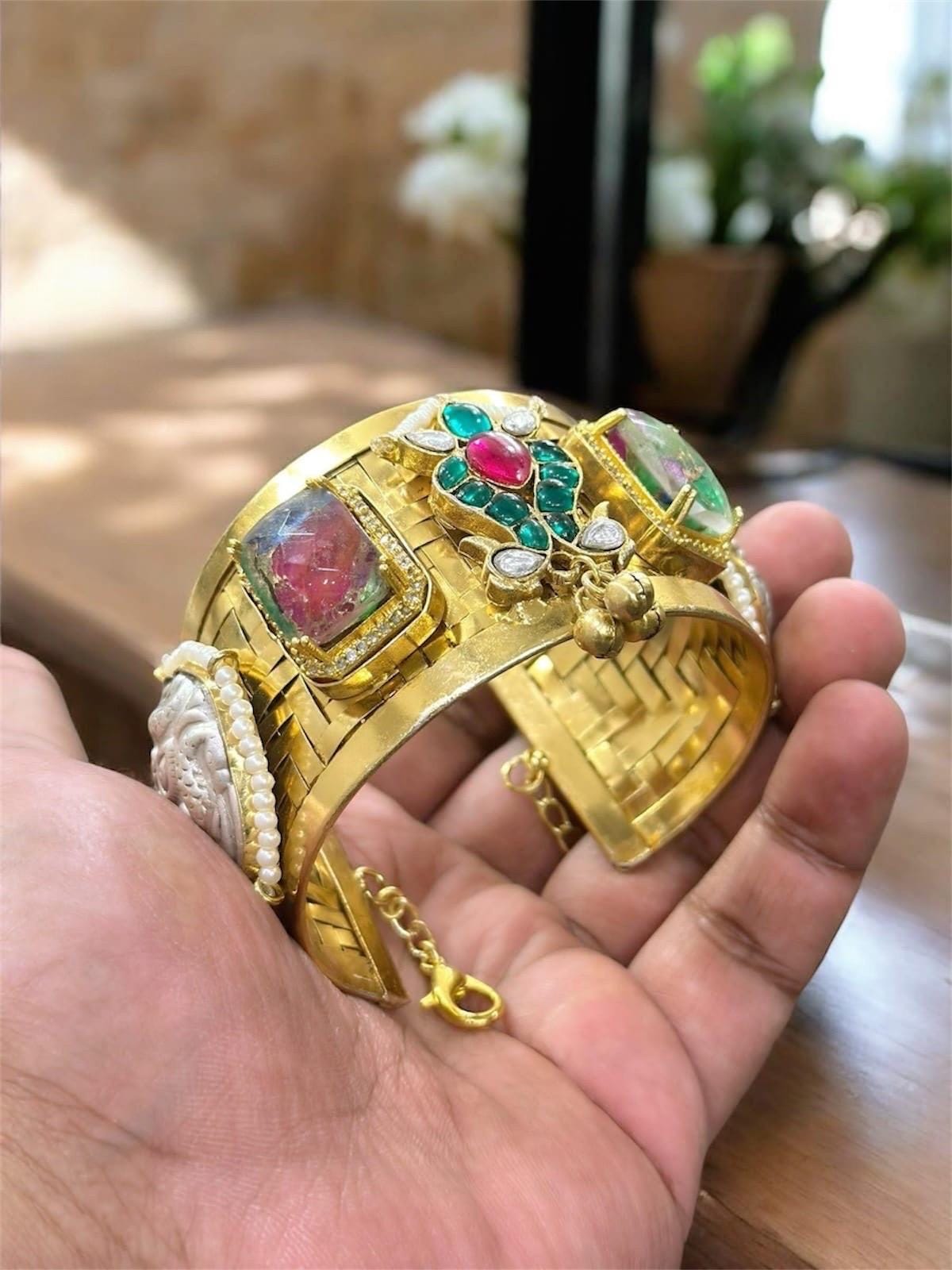 Masaba inspired Statement celebrity golden weaved openable cuff with Moroccan artistry and intricate carving alongside Polki doublet stones
