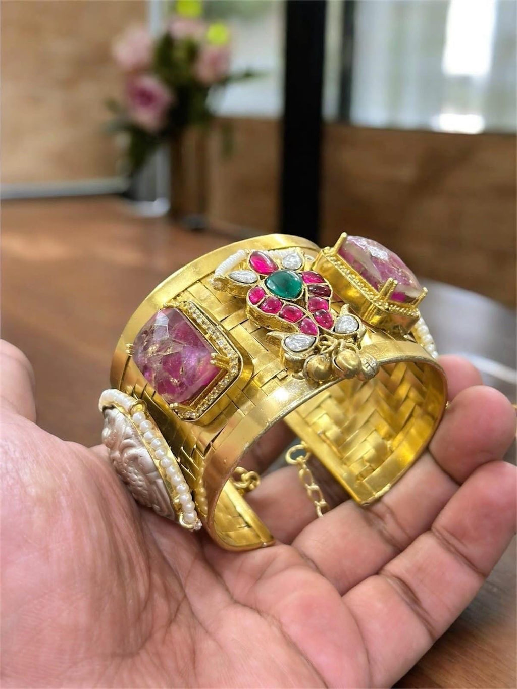 Masaba inspired Statement celebrity golden weaved openable cuff with Moroccan artistry and intricate carving alongside Polki doublet stones