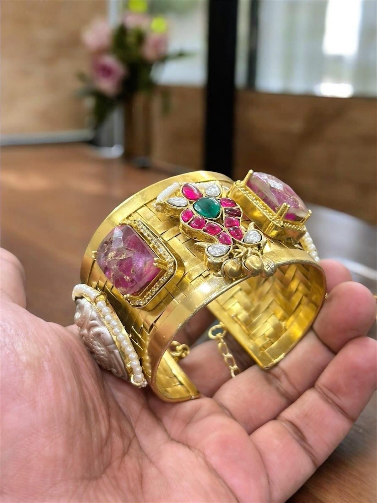 Masaba inspired Statement celebrity golden weaved openable cuff with Moroccan artistry and intricate carving alongside Polki doublet stones