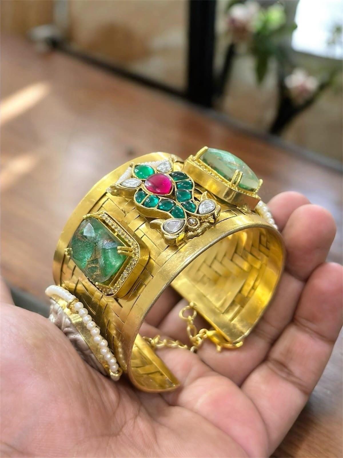Masaba inspired Statement celebrity golden weaved openable cuff with Moroccan artistry and intricate carving alongside Polki doublet stones