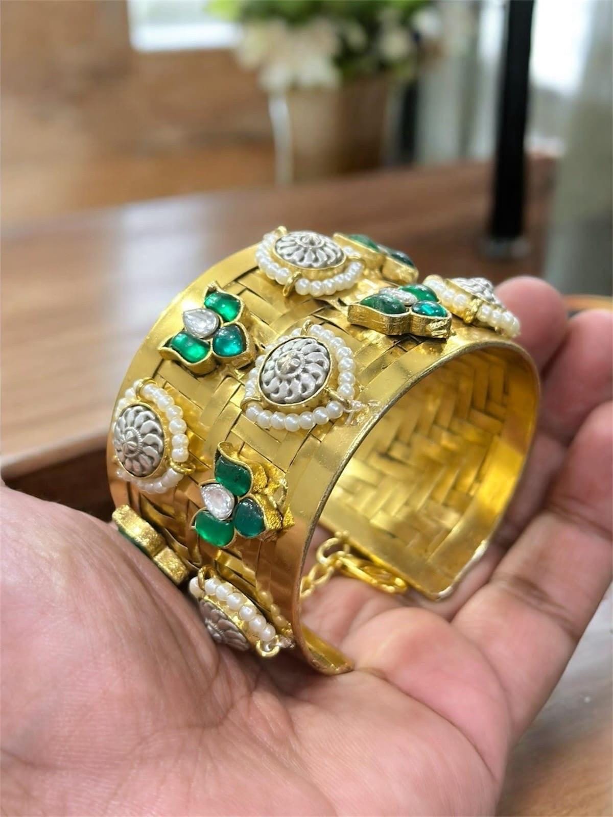 Masaba inspired Statement celebrity golden weaved openable cuff with Moroccan artistry and intricate carving alongside premium Polki stones