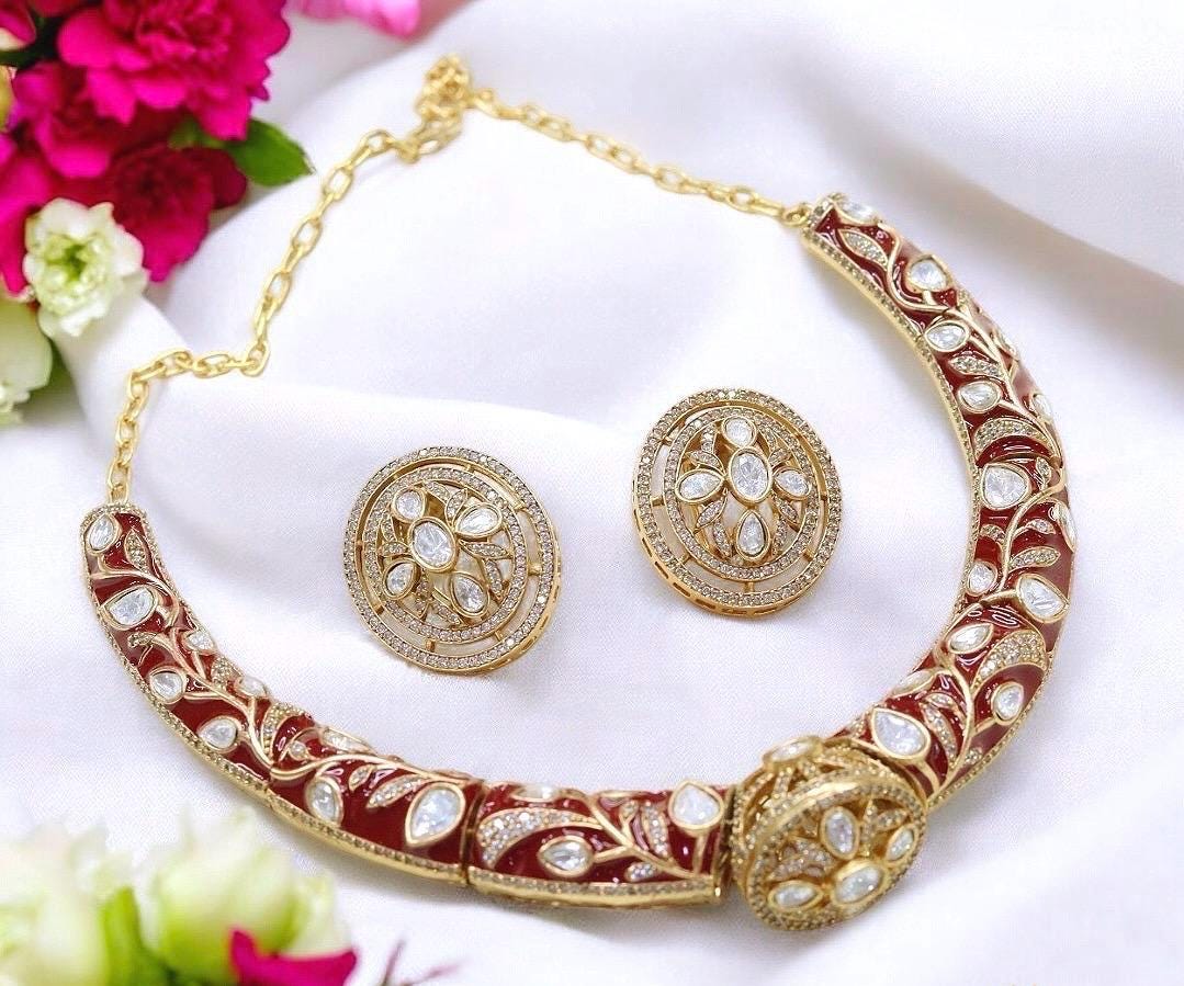 Sabyasachi inspired uncut moissanite polki Hasli necklace set/Statement Indian Bridal Ambani wedding pakistani celebrity bridesmaid jewelry