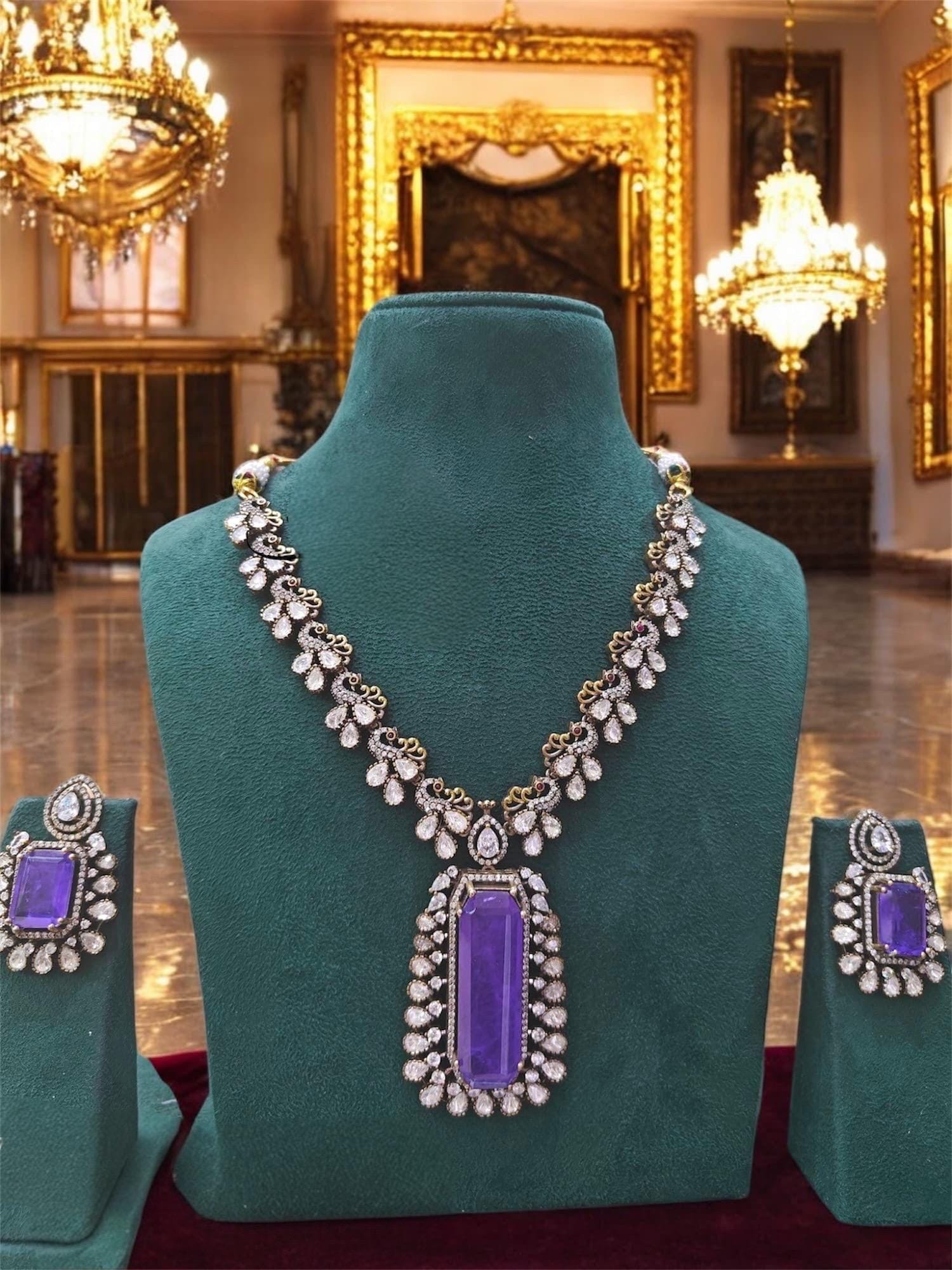 Victorian Doublet Stone Moissanite Polki Wedding Jewelry Necklace Set with Earings,Statement Sabyasachi necklace,Indian Pakistani bridal set