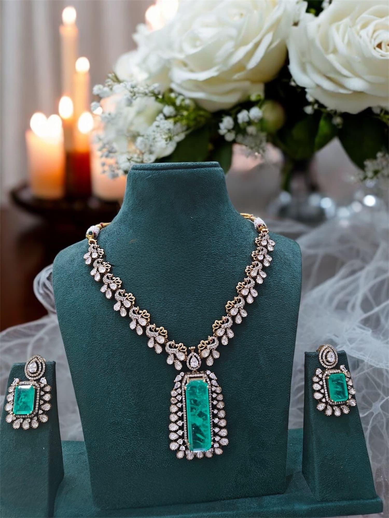 Victorian Doublet Stone Moissanite Polki Wedding Jewelry Necklace Set with Earings,Statement Sabyasachi necklace,Indian Pakistani bridal set
