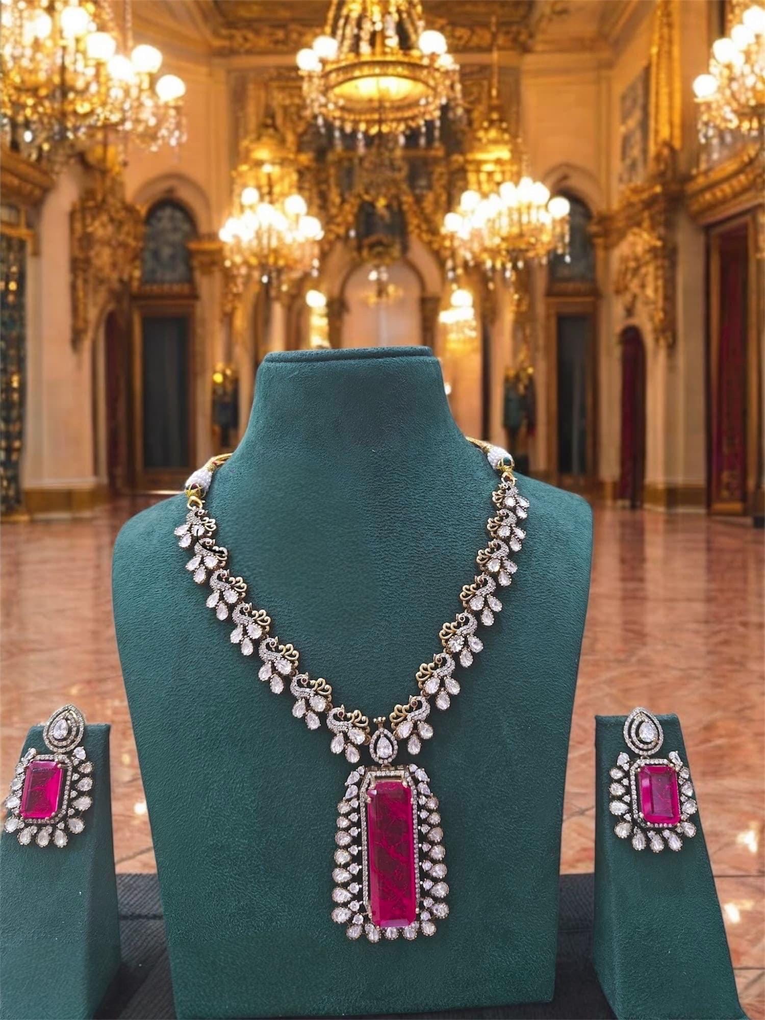 Victorian Doublet Stone Moissanite Polki Wedding Jewelry Necklace Set with Earings,Statement Sabyasachi necklace,Indian Pakistani bridal set