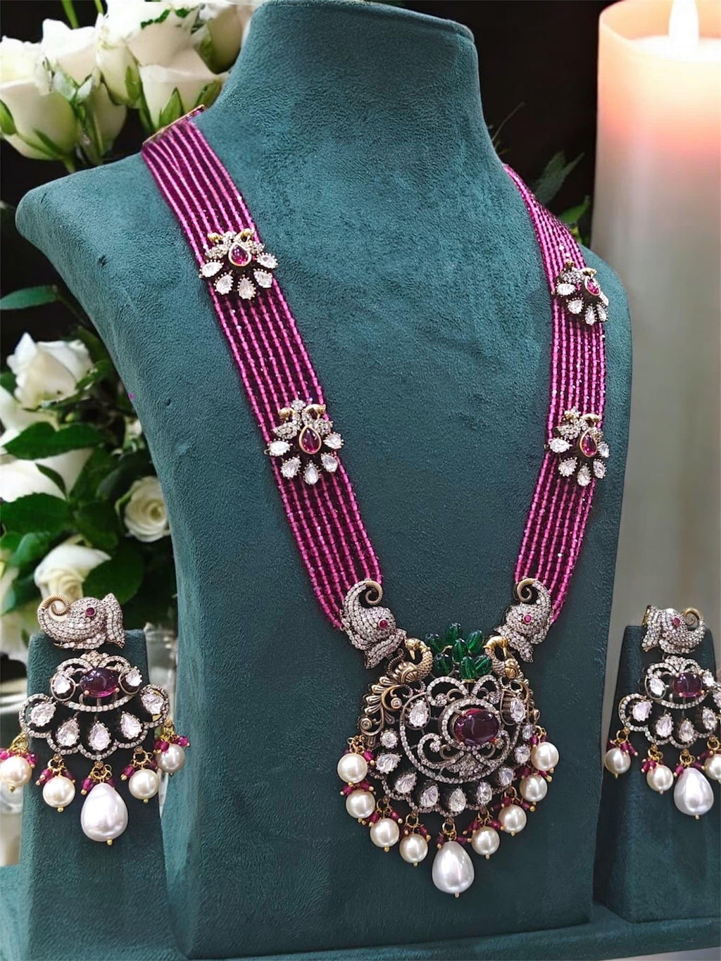 Jadau Kundan long multi string Necklace Mala Set with earrings/Sabyasachi Inspired elephant Jewelry/Bollywood Jewelry/Statement necklace