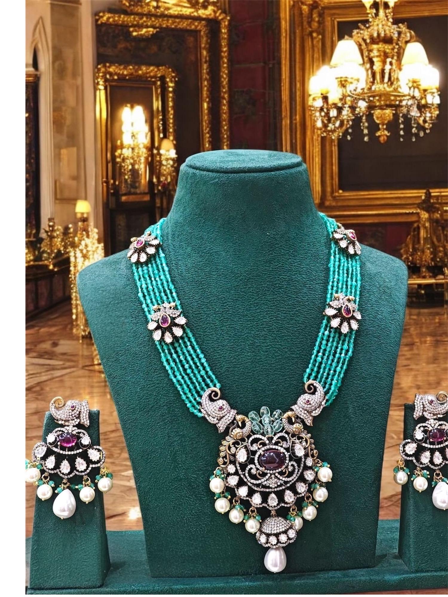 Jadau Kundan long multi string Necklace Mala Set with earrings/Sabyasachi Inspired elephant Jewelry/Bollywood Jewelry/Statement necklace