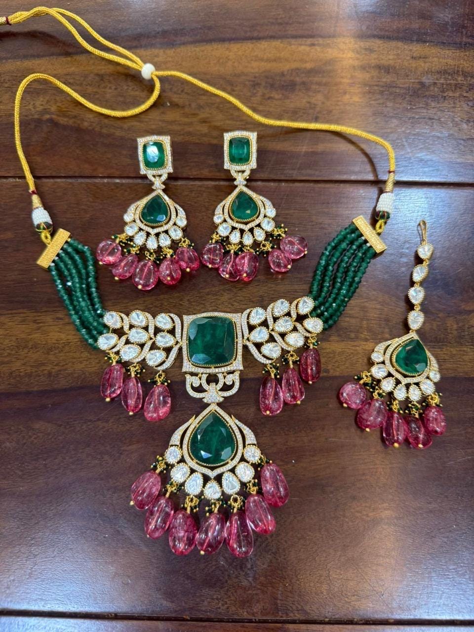 Designer Moissanite Polki Doublet Stone set with earrings,statement necklace,fusion necklace,Indian jewelry,bridal jewelry,wedding jewelry