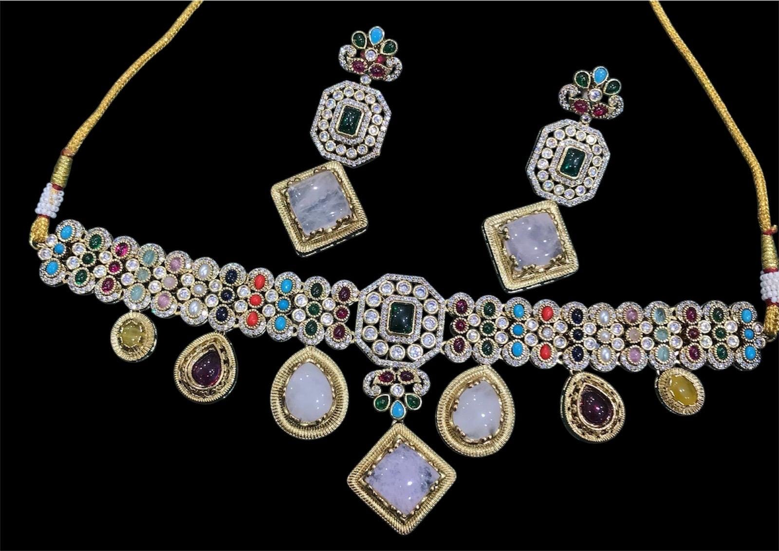 Premium Amrapali Inspired Victorian Gold Multi color Uncut Faux Polki Kundan choker Necklace With Earrings Indian Pakistani Designer Jewelry