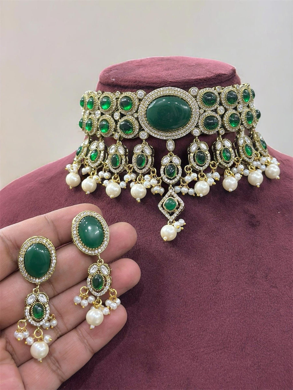 Bollywood inspired Sabyasachi design uncut kundan Polki choker bridal wedding fusion Indian Pakistani Statement necklace set with earrings