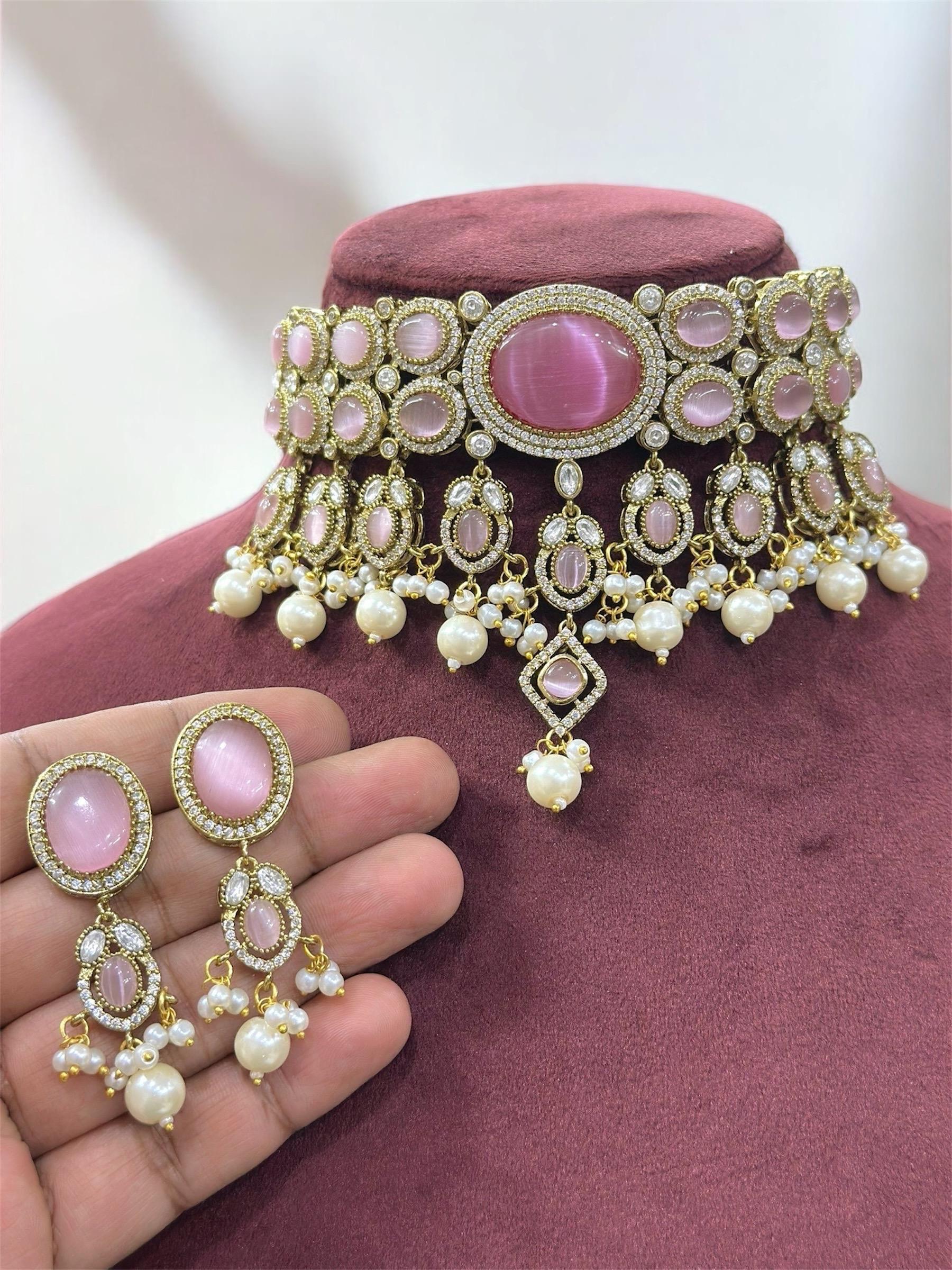 Bollywood inspired Sabyasachi design uncut kundan Polki choker bridal wedding fusion Indian Pakistani Statement necklace set with earrings