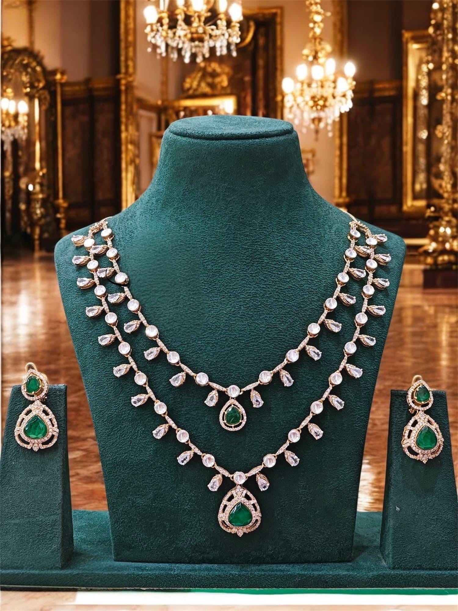 Moissanite Polki doublet stone layered Necklace with earrings,Bridal Wedding Statement Indian Pakistani jewery,Bollywood,Sabyasachi set