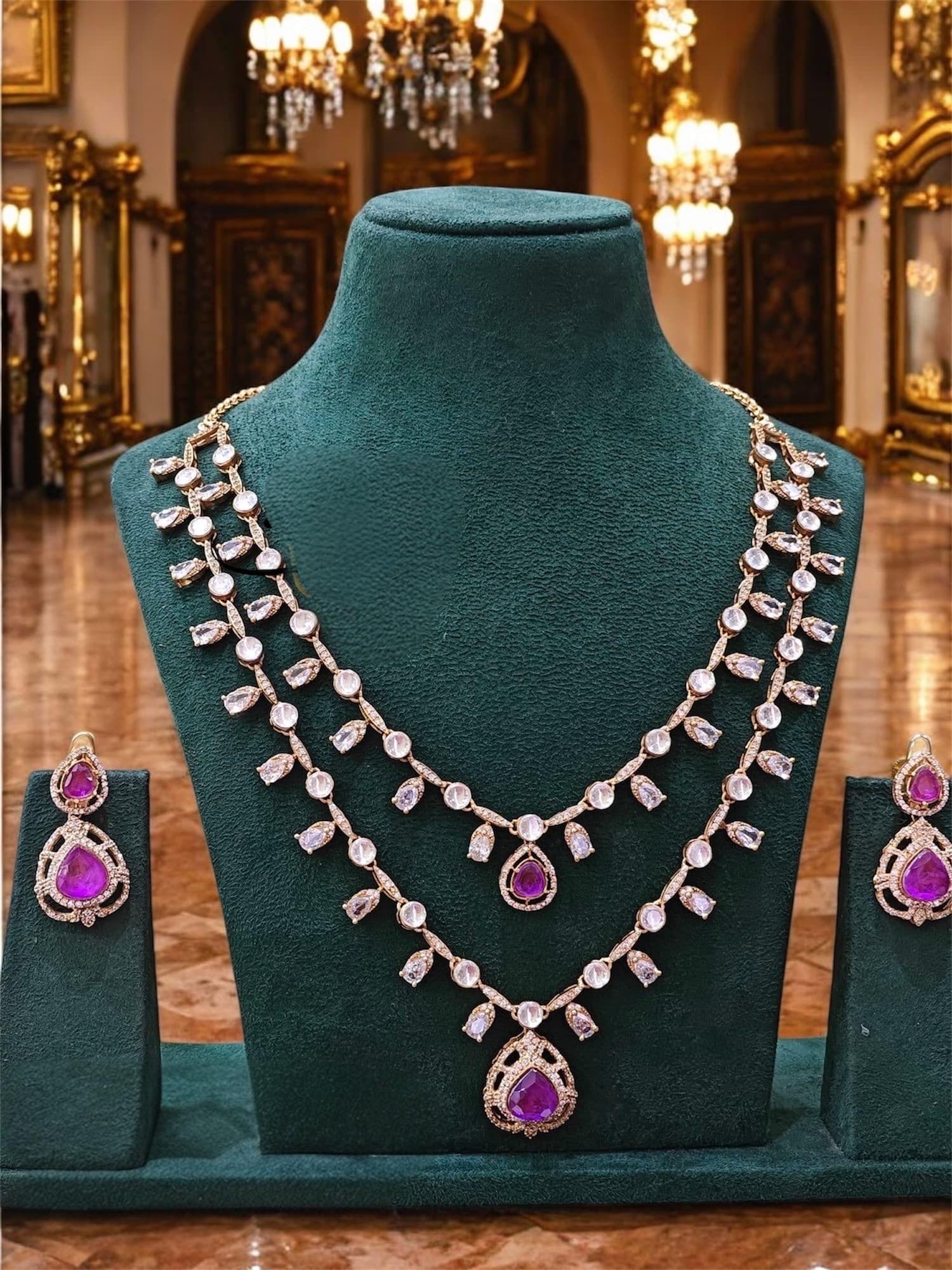 Moissanite Polki doublet stone layered Necklace with earrings,Bridal Wedding Statement Indian Pakistani jewery,Bollywood,Sabyasachi set