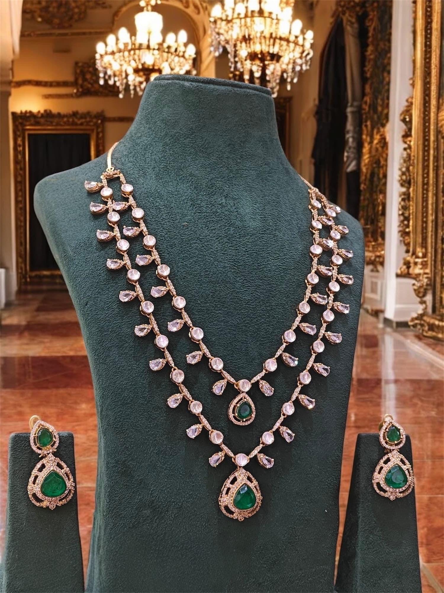 Moissanite Polki doublet stone layered Necklace with earrings,Bridal Wedding Statement Indian Pakistani jewery,Bollywood,Sabyasachi set