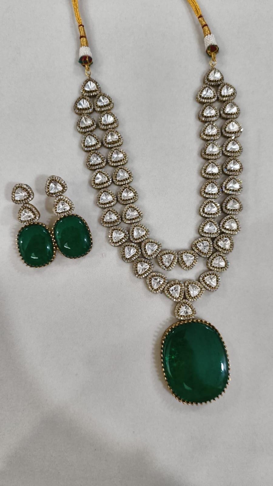 Emerald green Victorian doublets statement long dual premium kundan Polki necklace set with earrings/sabyasachi jewelry/statement necklace