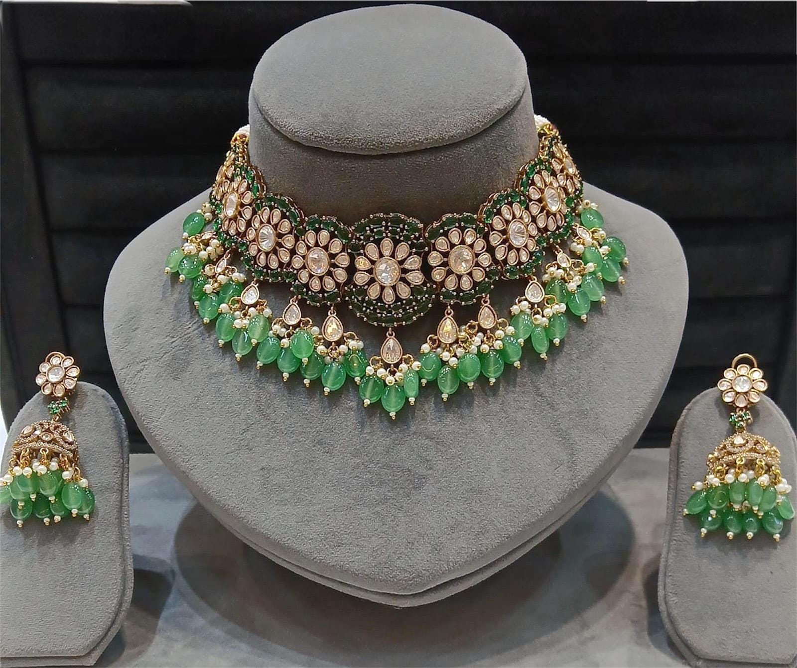 Sabyasachi inspired polki mossanite choker necklace with ruby pink and green semi precious beads with earrings/statement necklace/Indian set