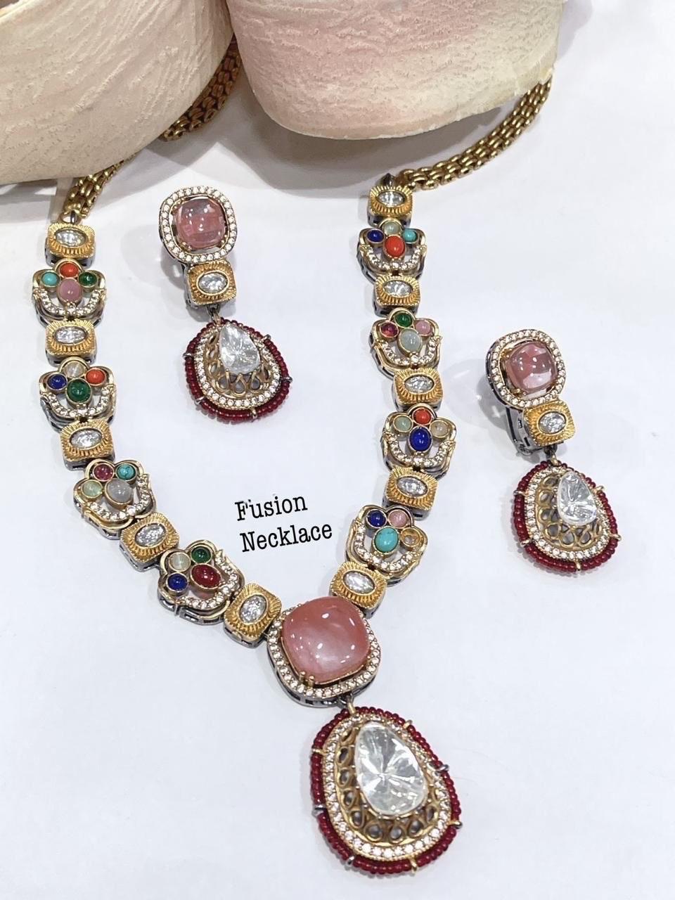 Sabyasachi Inspired Moissanite Kundan Polki with Navratan carving stones fusion necklace/Celebrity bridal Wedding Set/Statement necklace