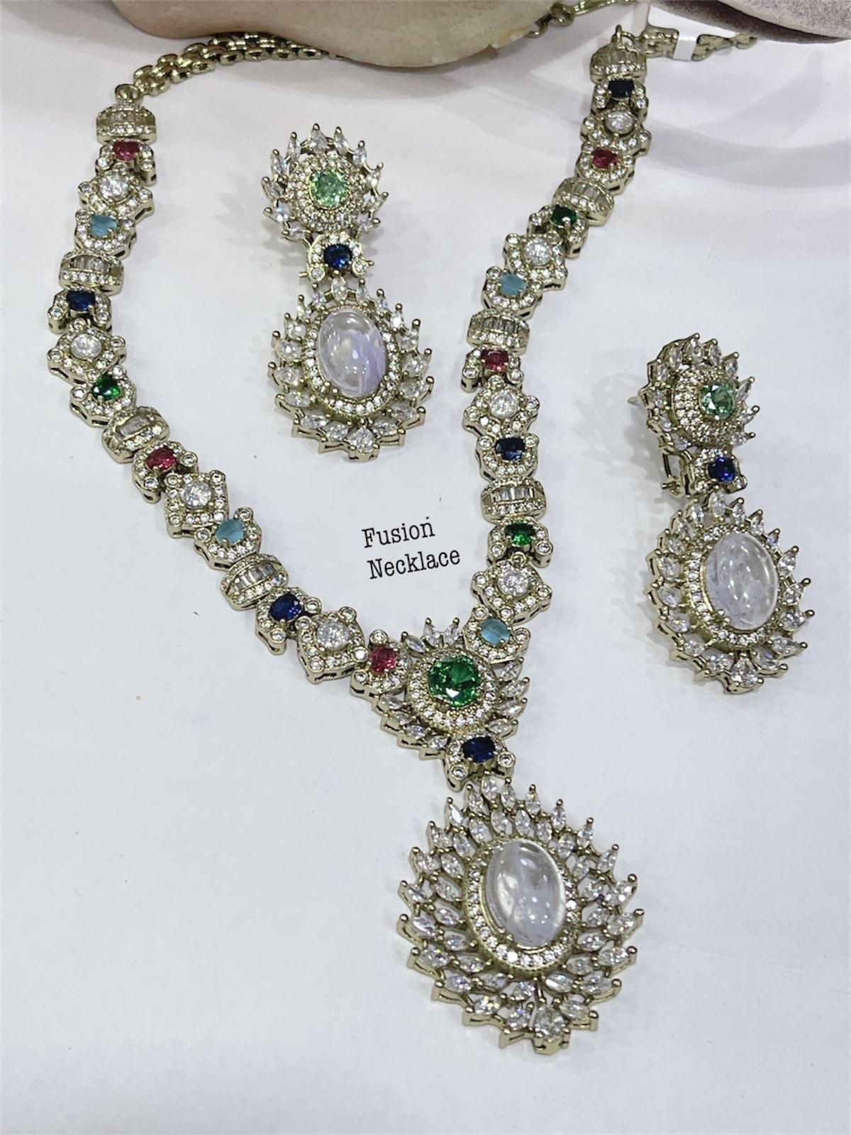 Sabyasachi Inspired Moissanite Kundan Polki with Navratan carving stones fusion necklace/Celebrity bridal Wedding Set/Statement necklace