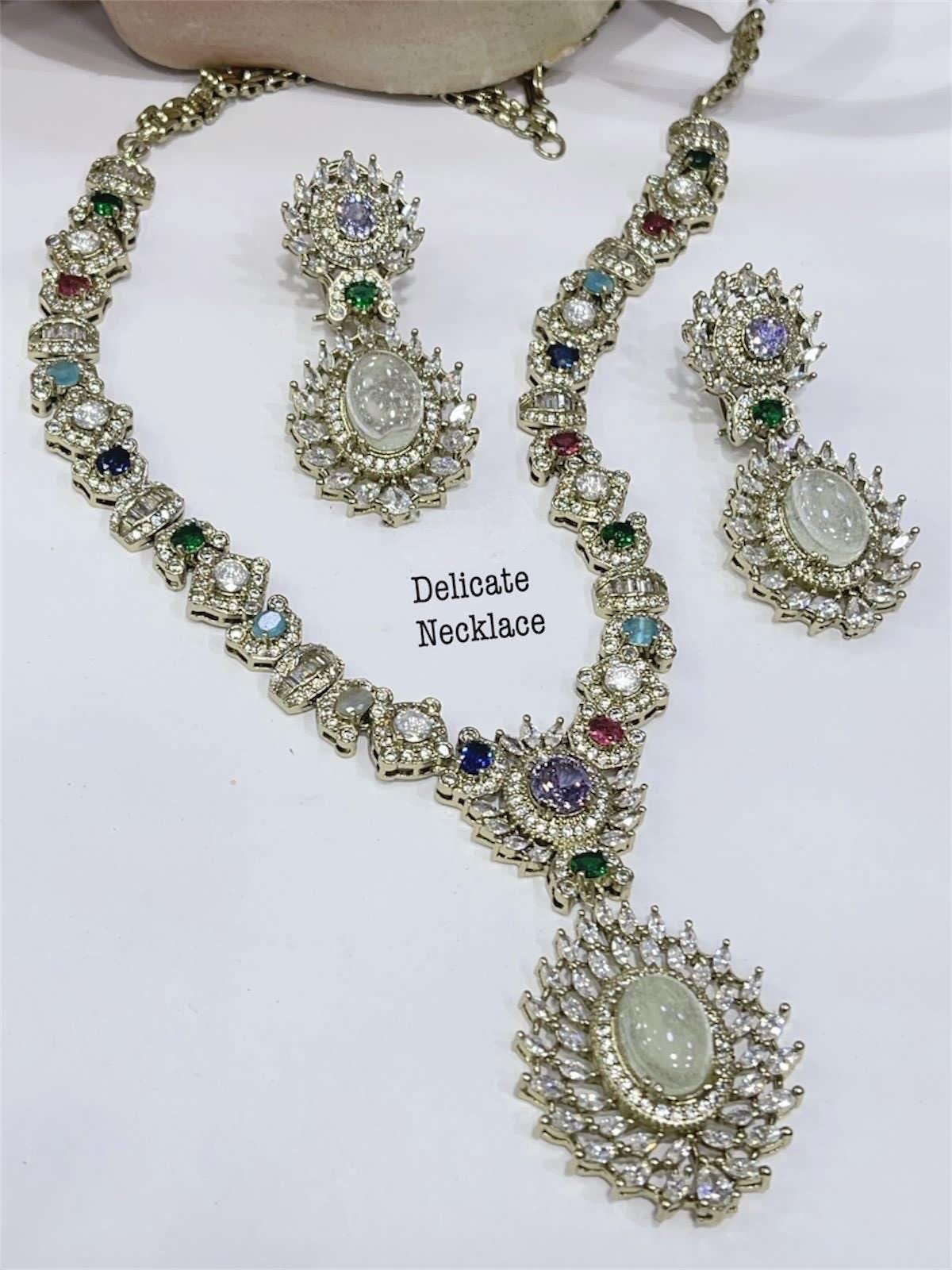 Sabyasachi Inspired Moissanite Kundan Polki with Navratan carving stones fusion necklace/Celebrity bridal Wedding Set/Statement necklace