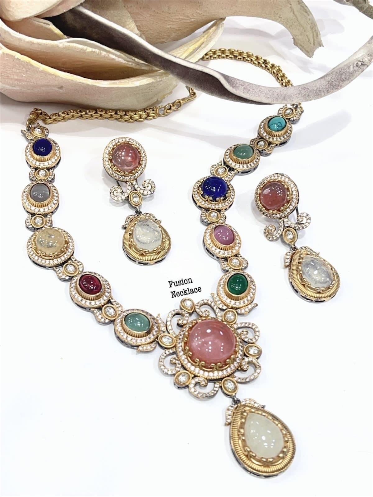 Sabyasachi Inspired Moissanite Kundan Polki with Navratan carving stones fusion necklace/Celebrity bridal Wedding Set/Statement necklace