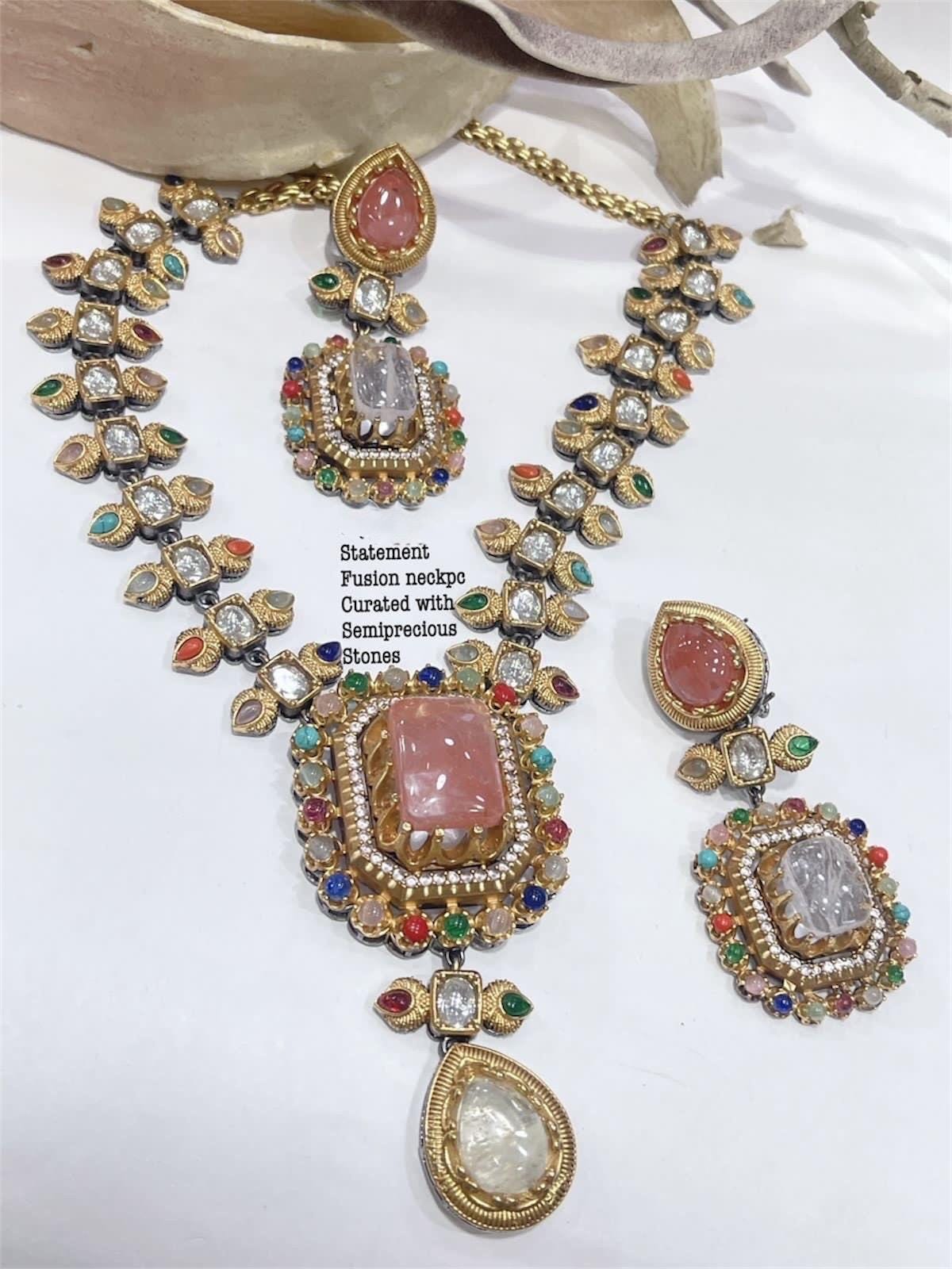Sabyasachi Inspired Moissanite Kundan Polki with Navratan carving stones fusion necklace/Celebrity bridal Wedding Set/Statement necklace