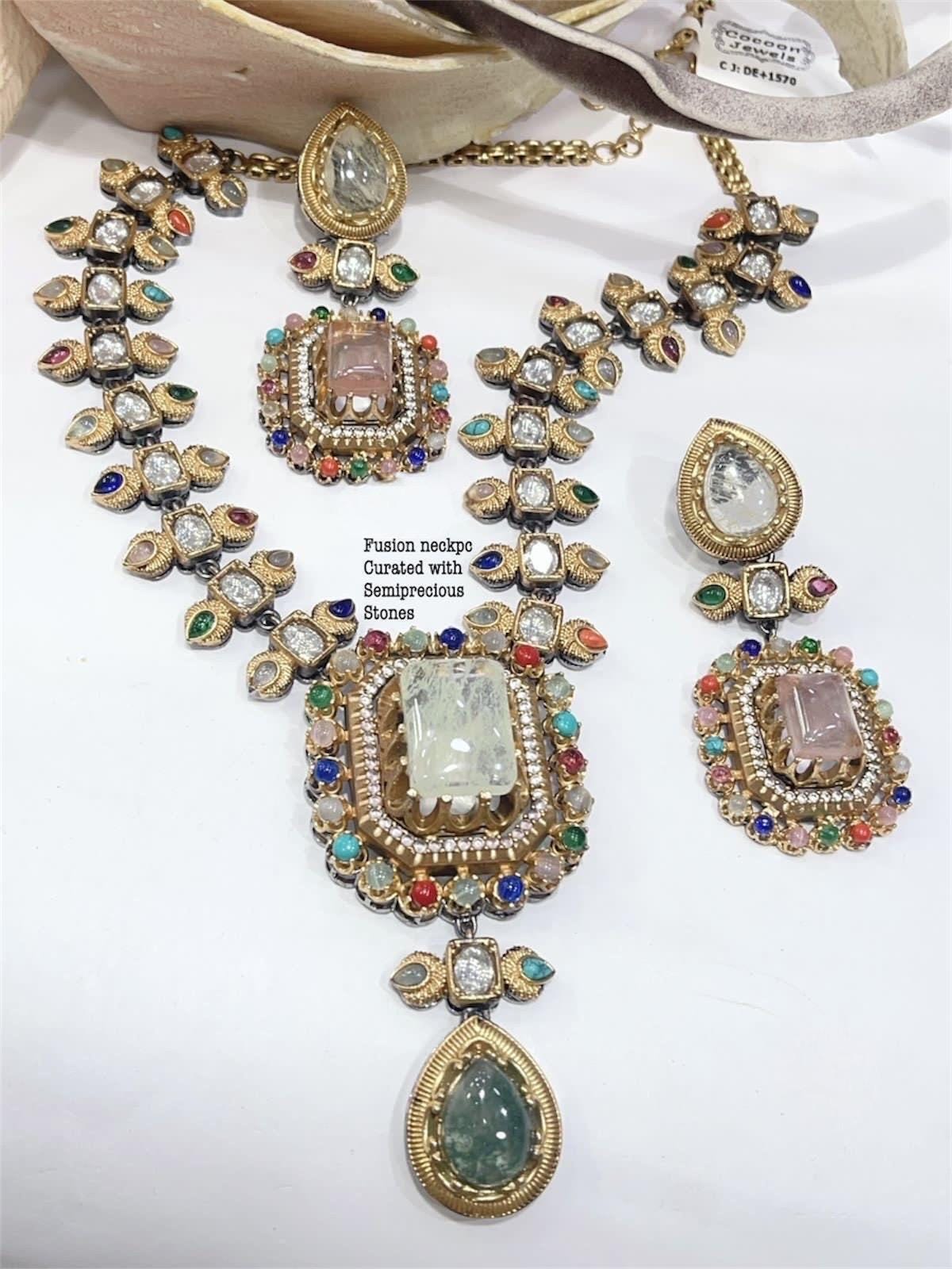 Sabyasachi Inspired Moissanite Kundan Polki with Navratan carving stones fusion necklace/Celebrity bridal Wedding Set/Statement necklace