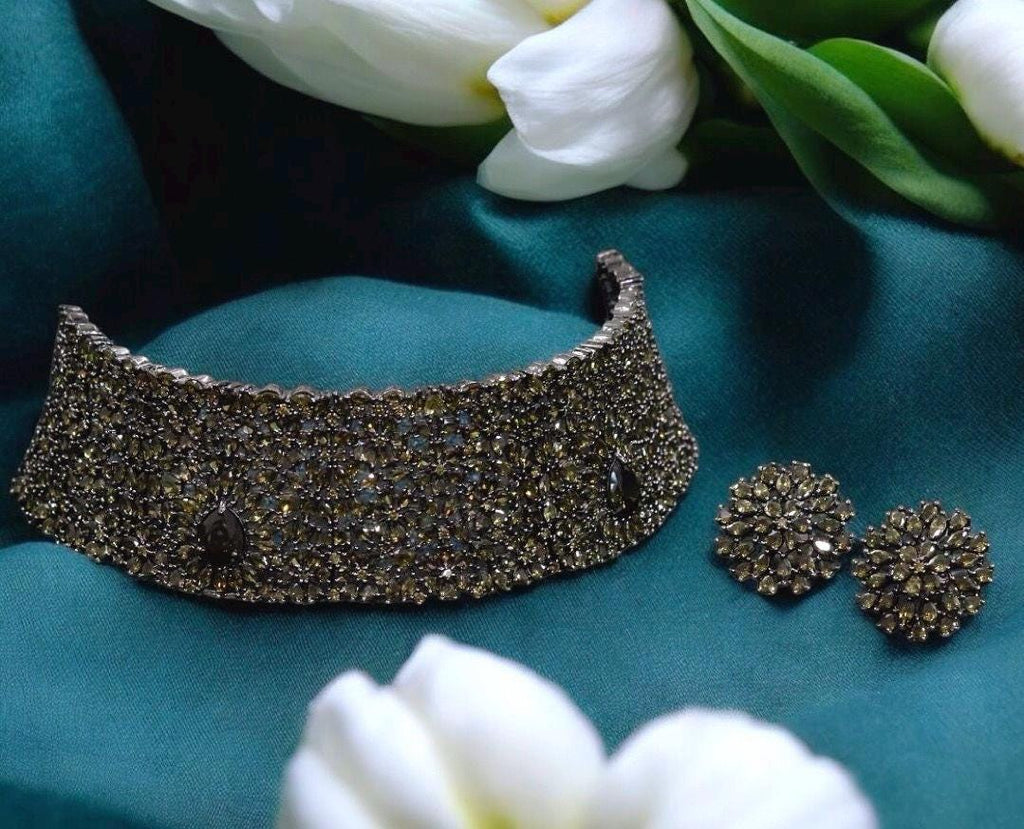 Sabyasachi Victorian Alia Bhatt inspired Kundan Polki Diamond Heavy Statement Bridal Choker Indian Pakistani Necklace Set with earrings