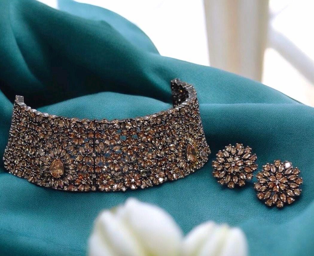 Sabyasachi Victorian Alia Bhatt inspired Kundan Polki Diamond Heavy Statement Bridal Choker Indian Pakistani Necklace Set with earrings