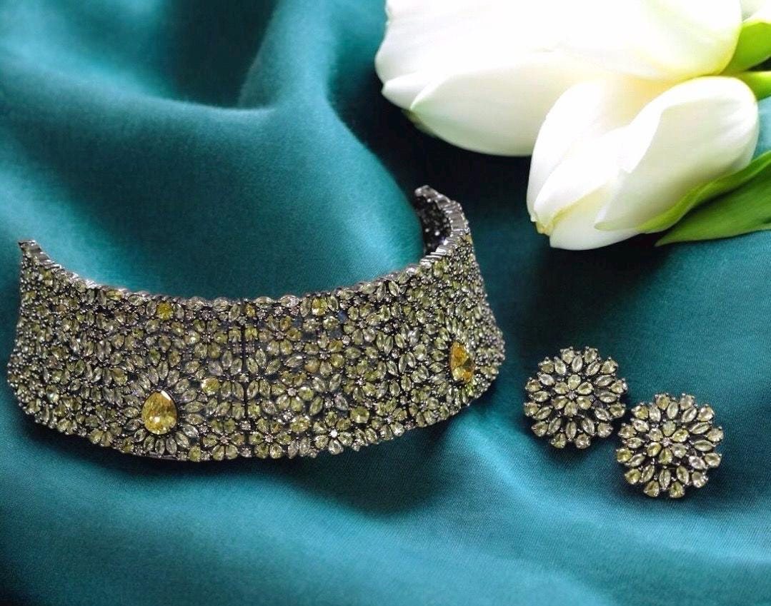 Sabyasachi Victorian Alia Bhatt inspired Kundan Polki Diamond Heavy Statement Bridal Choker Indian Pakistani Necklace Set with earrings