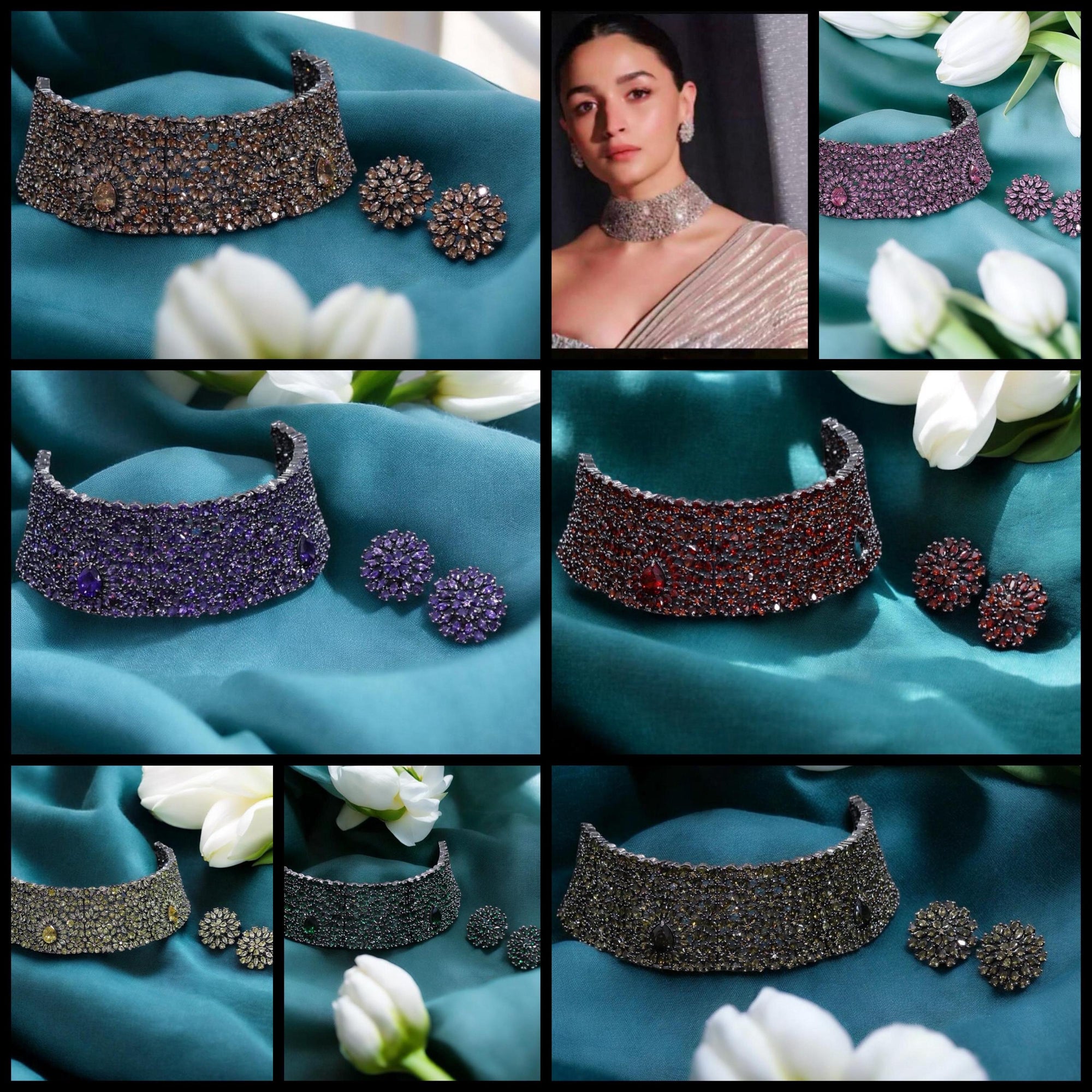 Sabyasachi Victorian Alia Bhatt inspired Kundan Polki Diamond Heavy Statement Bridal Choker Indian Pakistani Necklace Set with earrings