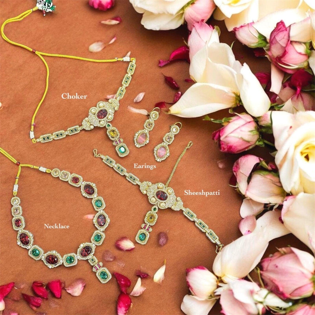 Sabyasachi Inspired Moissanite Kundan Polki with Navratan carving stones fusion necklace/Celebrity bridal Wedding Set/Statement necklace