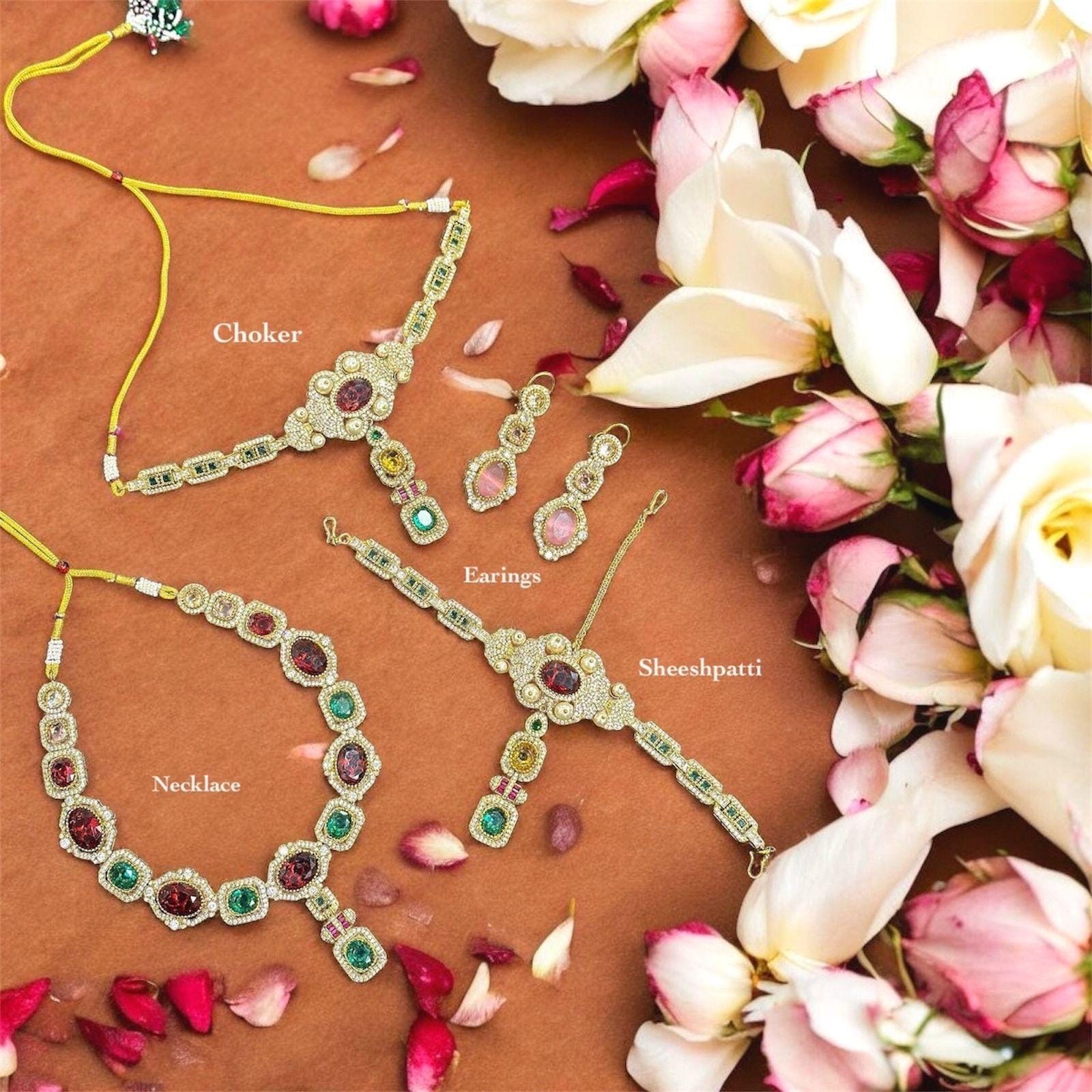 Sabyasachi Inspired Moissanite Kundan Polki with Navratan carving stones fusion necklace/Celebrity bridal Wedding Set/Statement necklace
