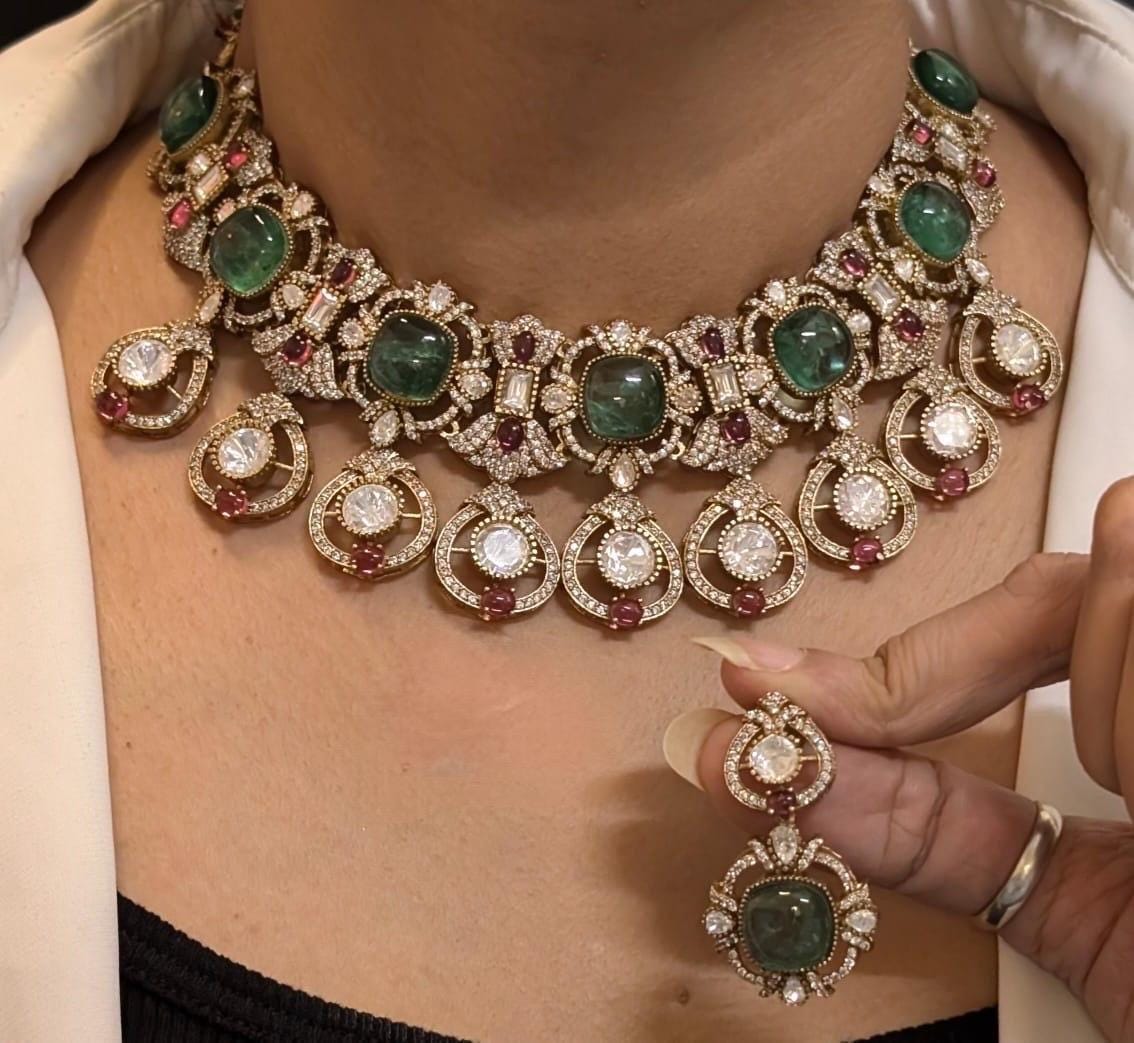 Fine Gold Finish Emerald Mint Green Uncut Moissanite Polki Kundan Wedding Jewelry Necklace Set with Earrings/ Sabyasachi Statement Jewelry