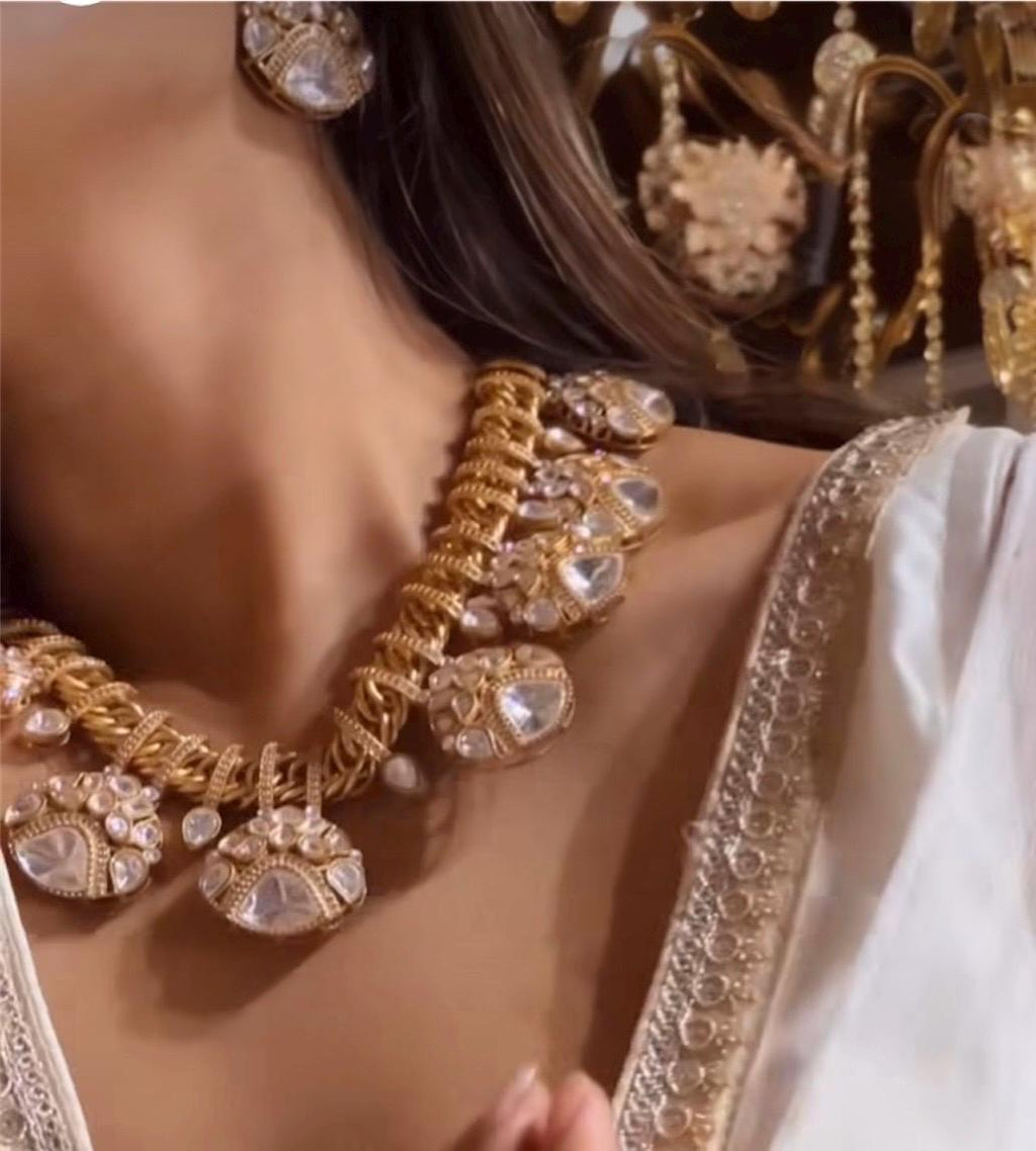 Sabyasachi Inspired Fine Moissanite Polki with real freshwater pearls necklace with earrings,tikka and cuff/statement fusion wedding goldset