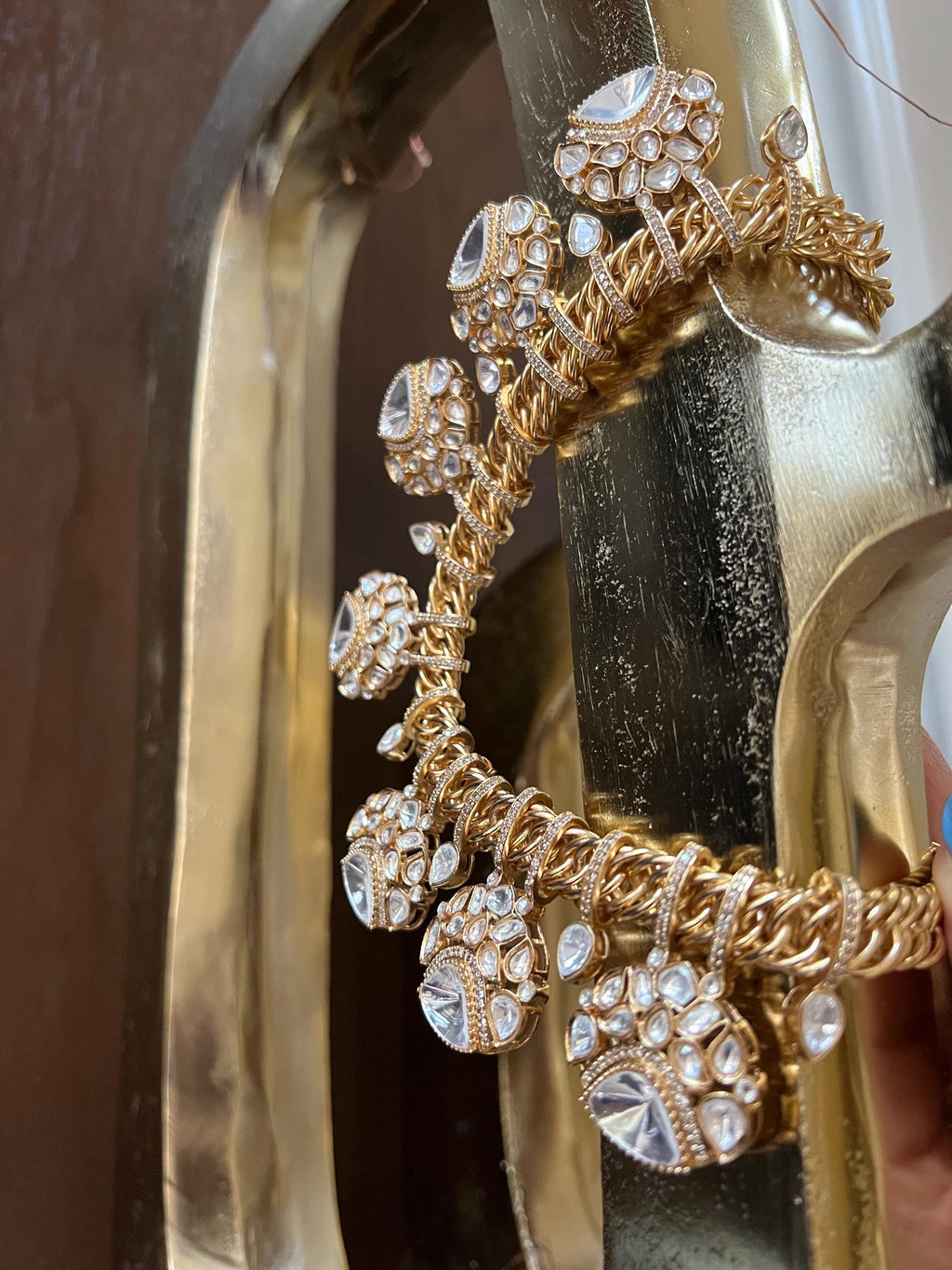 Sabyasachi Inspired Fine Moissanite Polki with real freshwater pearls necklace with earrings,tikka and cuff/statement fusion wedding goldset