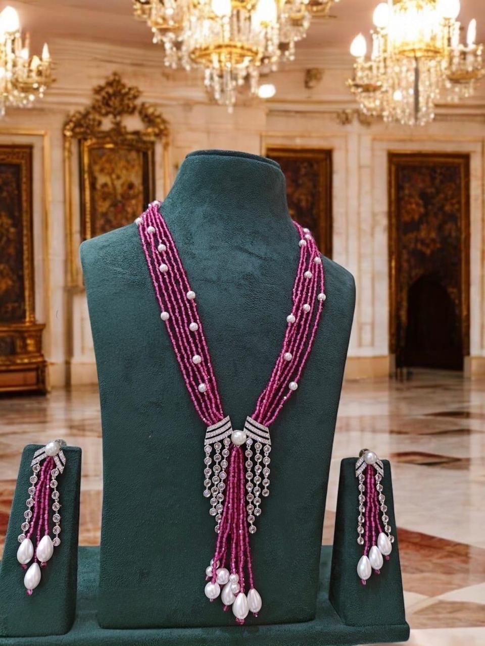 Long multi string Onyx, pearls and CZ stones Mala Set with earrings/Sabyasachi Inspired pendant Jewelry/Bollywood Jewelry/Statement necklace