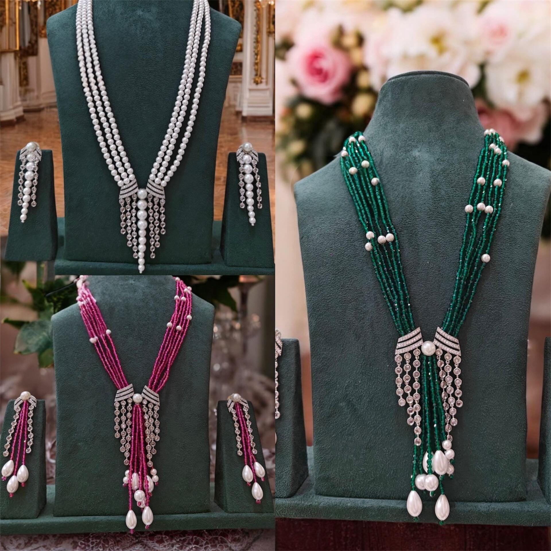 Long multi string Onyx, pearls and CZ stones Mala Set with earrings/Sabyasachi Inspired pendant Jewelry/Bollywood Jewelry/Statement necklace