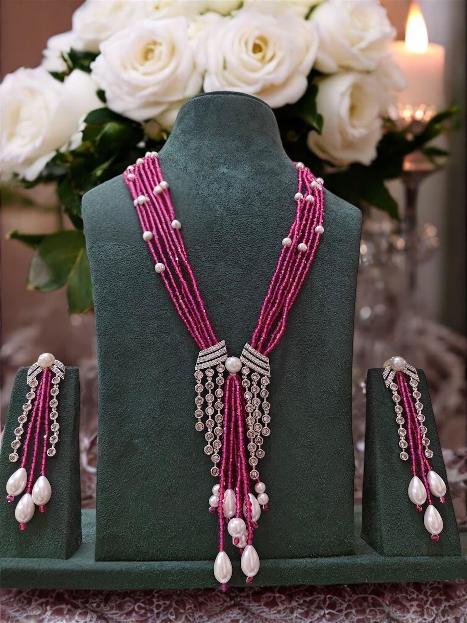Long multi string Onyx, pearls and CZ stones Mala Set with earrings/Sabyasachi Inspired pendant Jewelry/Bollywood Jewelry/Statement necklace