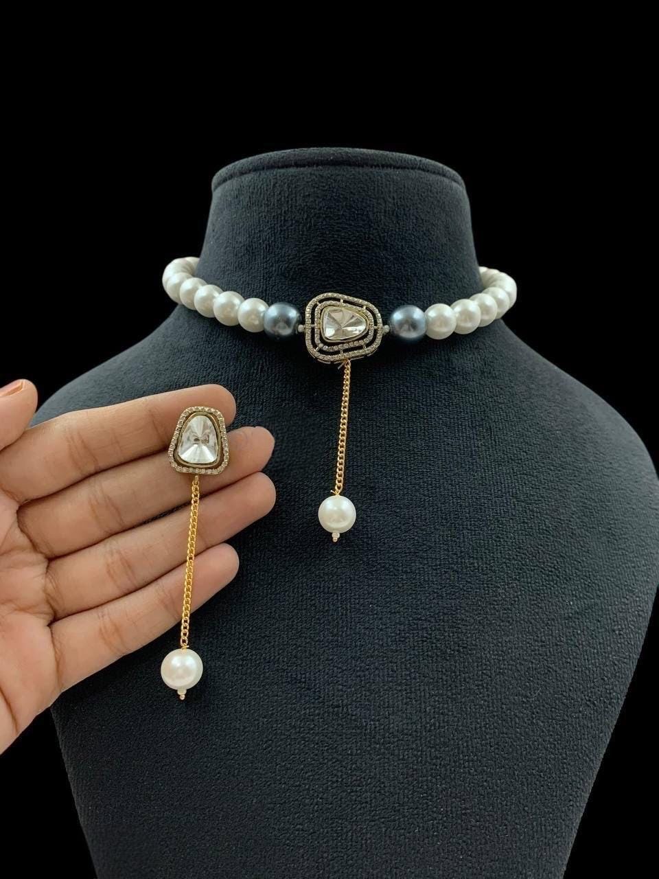 Pearl zirconia Fine choker dainty Necklace Set/ Indian Pakistani Wedding bridesmaid delicate Set/Premium quality pearls and CZ stone jewelry