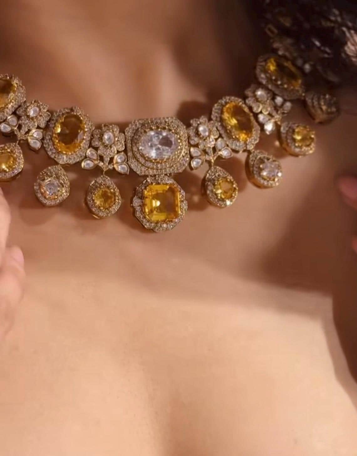 Fine Gold Finish Citrine and Crystal Bridal Fusion Statement Wedding Jewelry Necklace Set with Earrings Sabyasachi Jewelry/Indian Pakistani