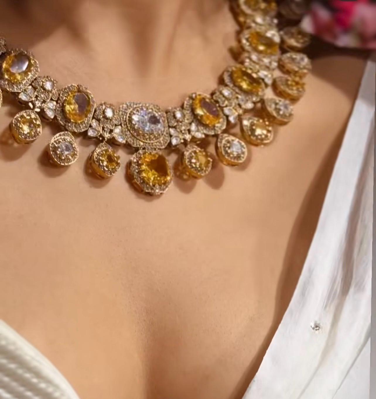 Fine Gold Finish Citrine and Crystal Bridal Fusion Statement Wedding Jewelry Necklace Set with Earrings Sabyasachi Jewelry/Indian Pakistani
