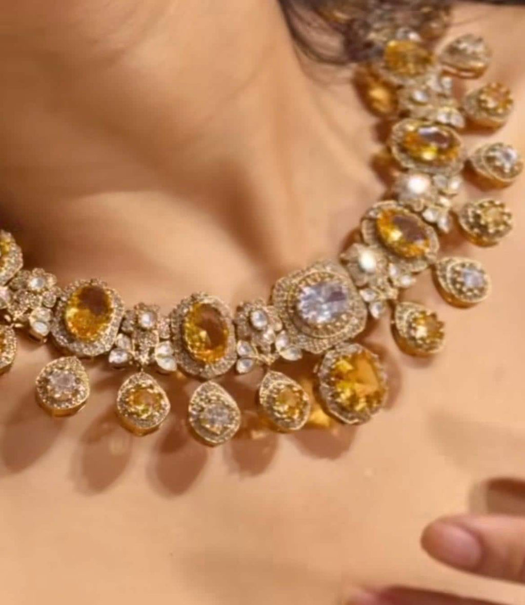 Fine Gold Finish Citrine and Crystal Bridal Fusion Statement Wedding Jewelry Necklace Set with Earrings Sabyasachi Jewelry/Indian Pakistani
