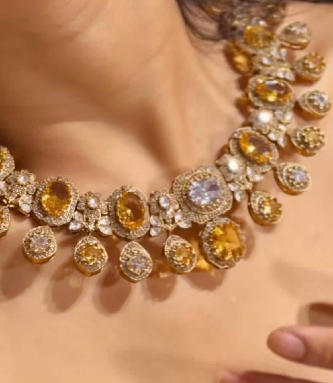 Fine Gold Finish Citrine and Crystal Bridal Fusion Statement Wedding Jewelry Necklace Set with Earrings Sabyasachi Jewelry/Indian Pakistani