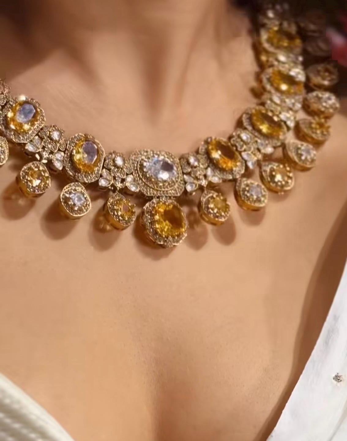 Fine Gold Finish Citrine and Crystal Bridal Fusion Statement Wedding Jewelry Necklace Set with Earrings Sabyasachi Jewelry/Indian Pakistani